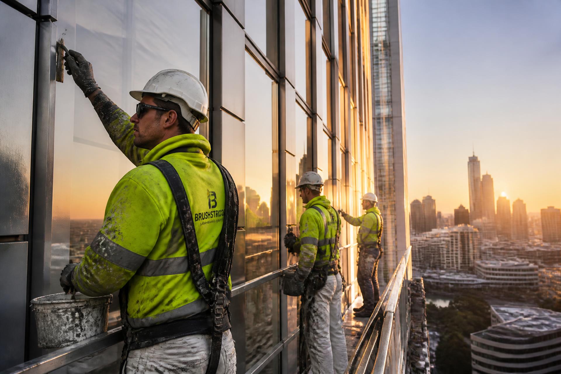 Commercial painters in PPE working on a modern Melbourne office facade at golden hour